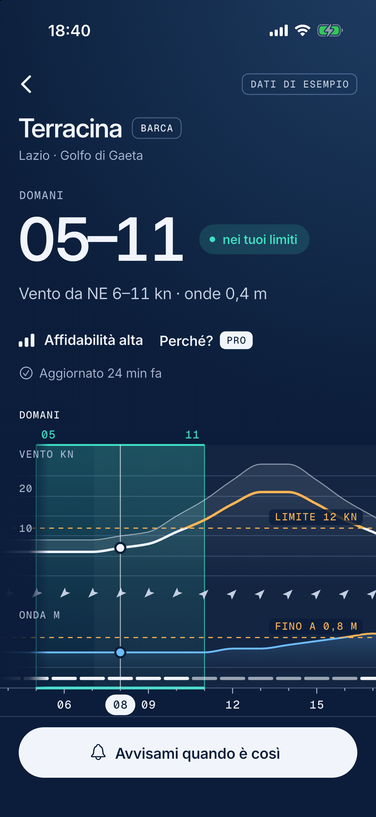 Dettaglio di Terracina nell’app: domani 05–11 ore buone, affidabilità alta, e il grafico della giornata con vento, onda, limiti e la fascia delle ore buone.