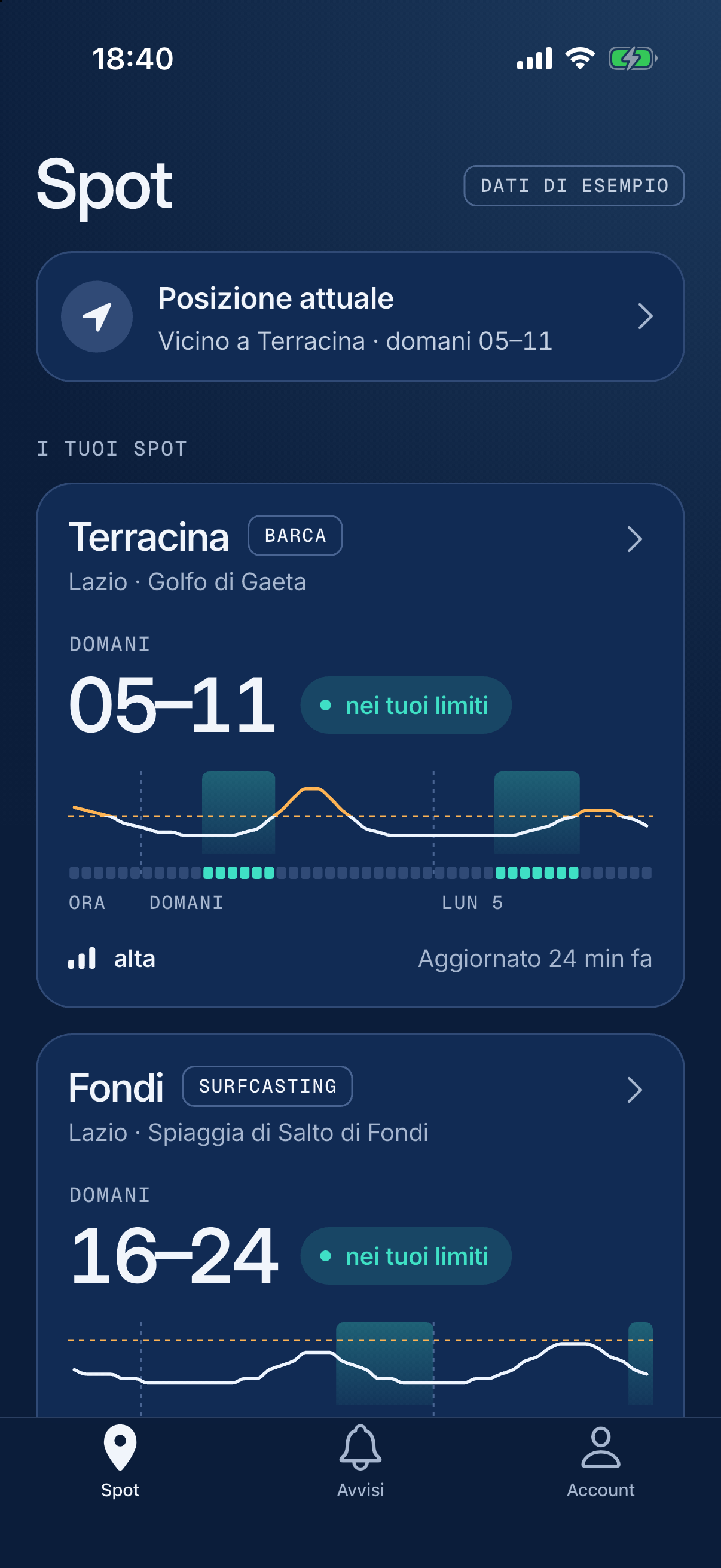 Elenco degli spot nell’app: Terracina in barca, domani 05–11 ore buone, e Fondi in surfcasting, domani 16–24, ciascuno con la curva del vento delle prossime 48 ore.