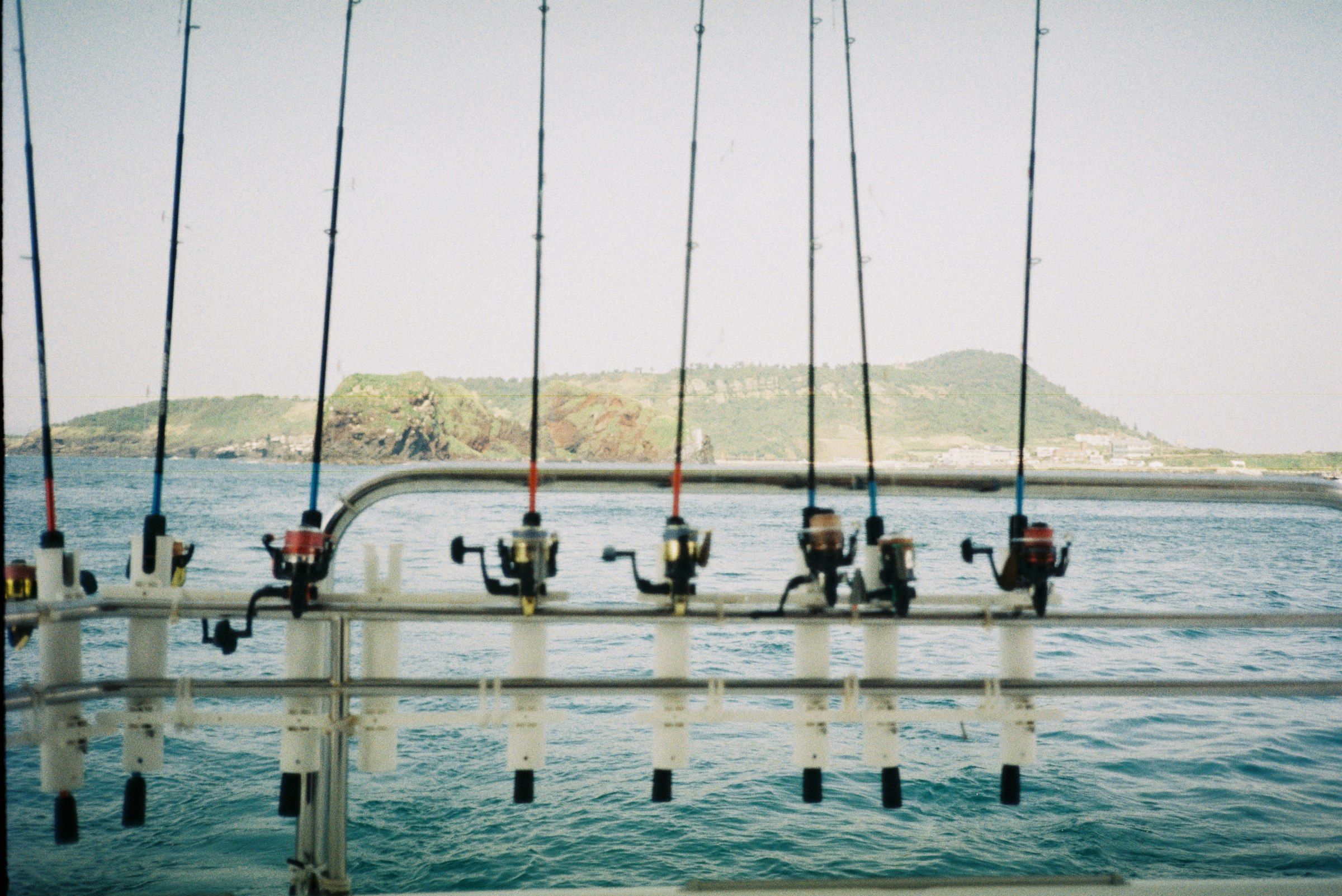 Canne da pesca in fila sul portacanne di una barca, con il mare e un'isola sullo sfondo.