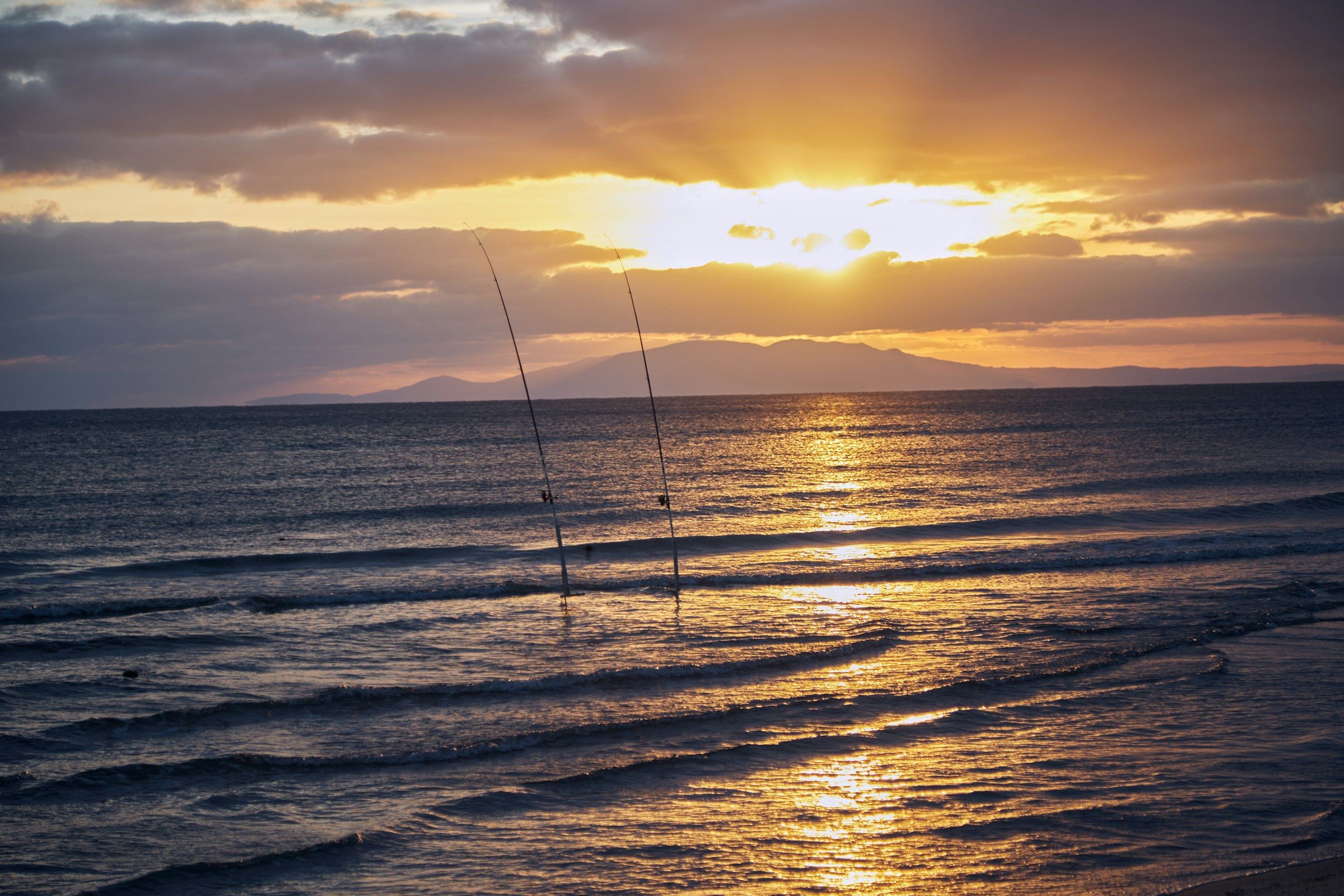 Canne da surfcasting sulla battigia al tramonto con il mare calmo: le ore tra il tramonto del sole e il sorgere della luna sono quelle buie.